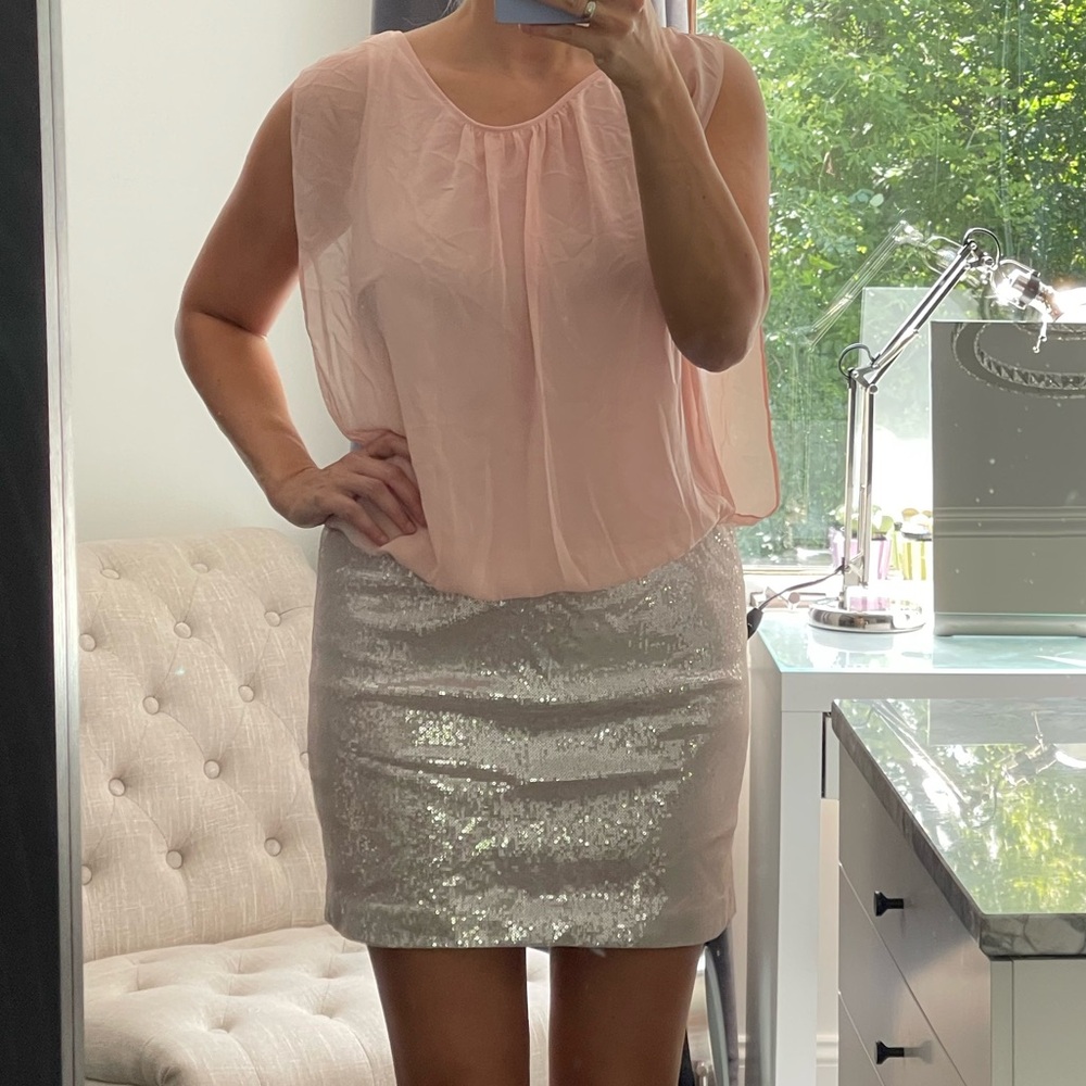 Like New! Elegant Silver Sequin and Pink Top Dress size 10 fits smaller sizes